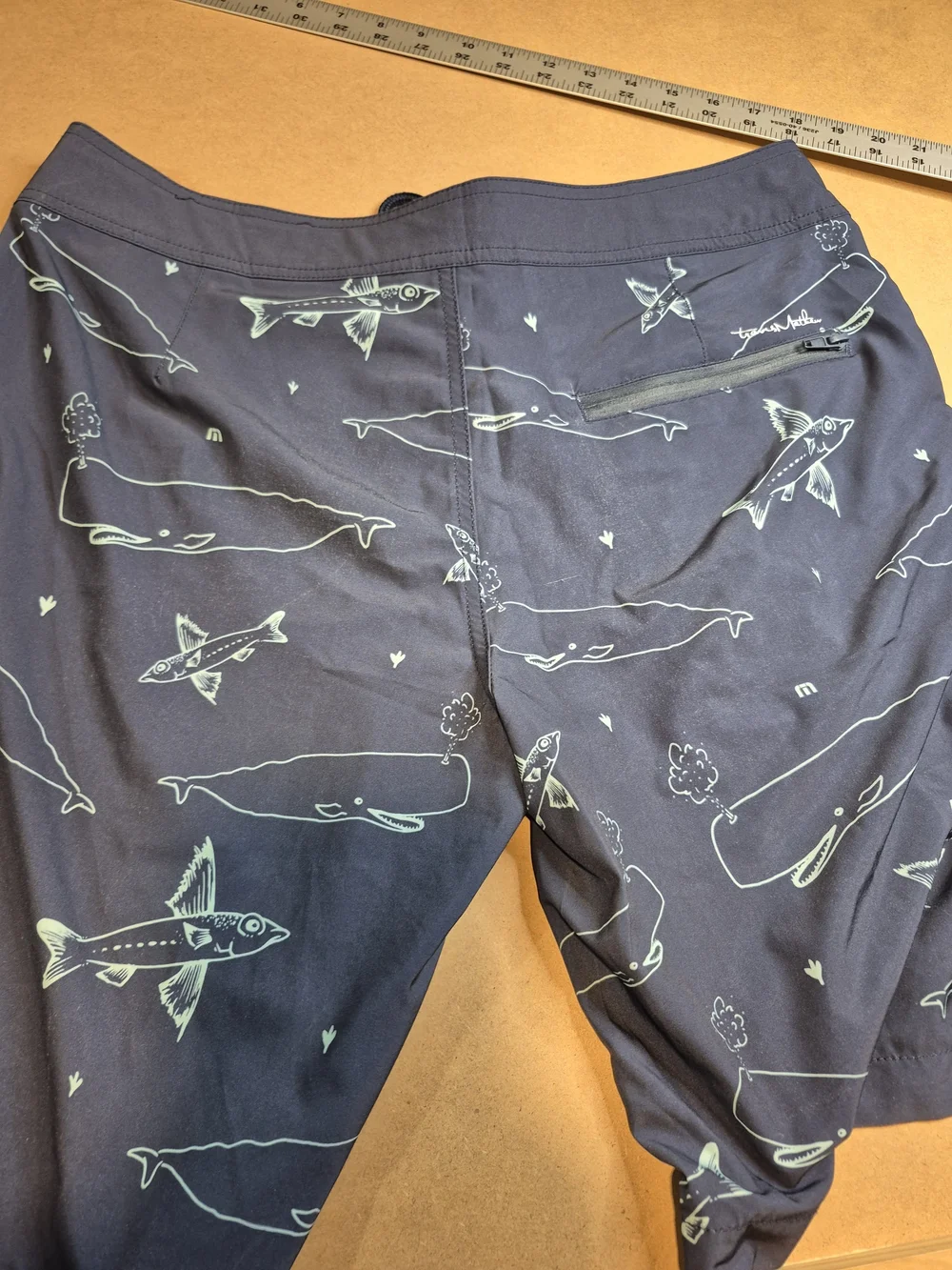 Travis Mathew Navy Swim Shorts with Light Blue Whale & Fish Print 4552